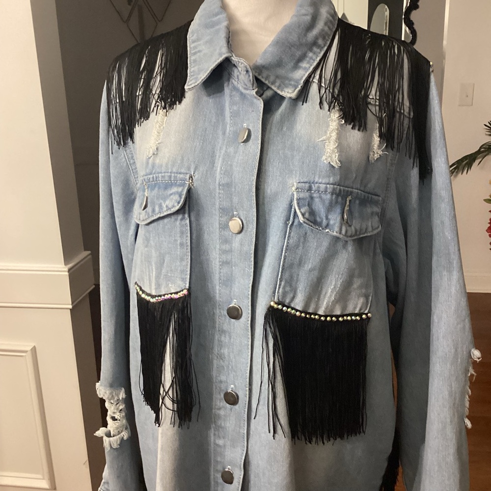 Customized Fringe Denim Jacket Accents ( Size: XXL) (Color: Light Wash Blue) - Picture 7 of 10